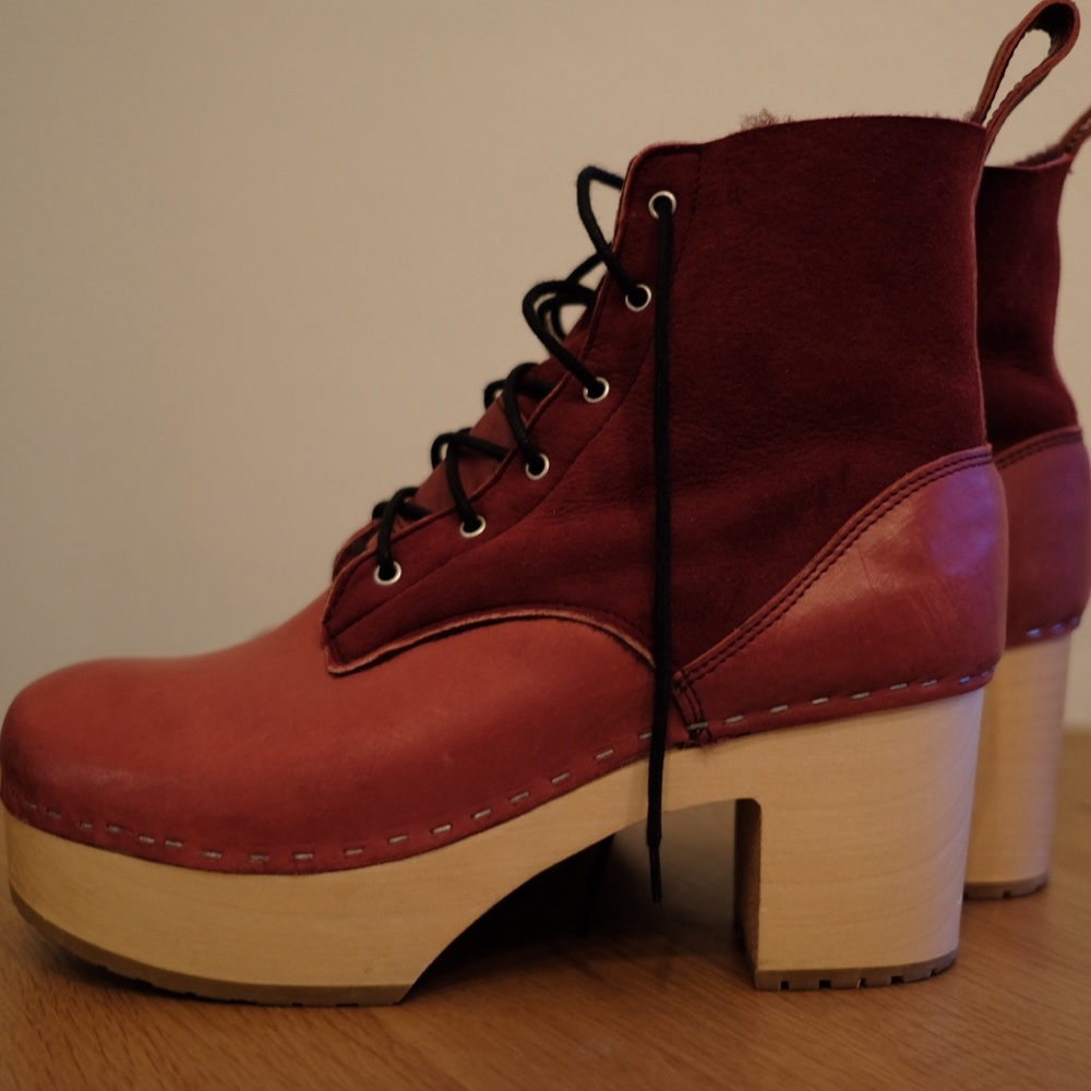 Swedish Ladies Hasbeens Leather Shearling-Lined Rust/Red Lace-up Ankle Boots 40